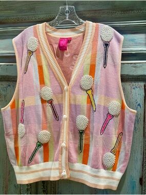 Pink Plaid Embellished Golf Tee Cardigan Vest